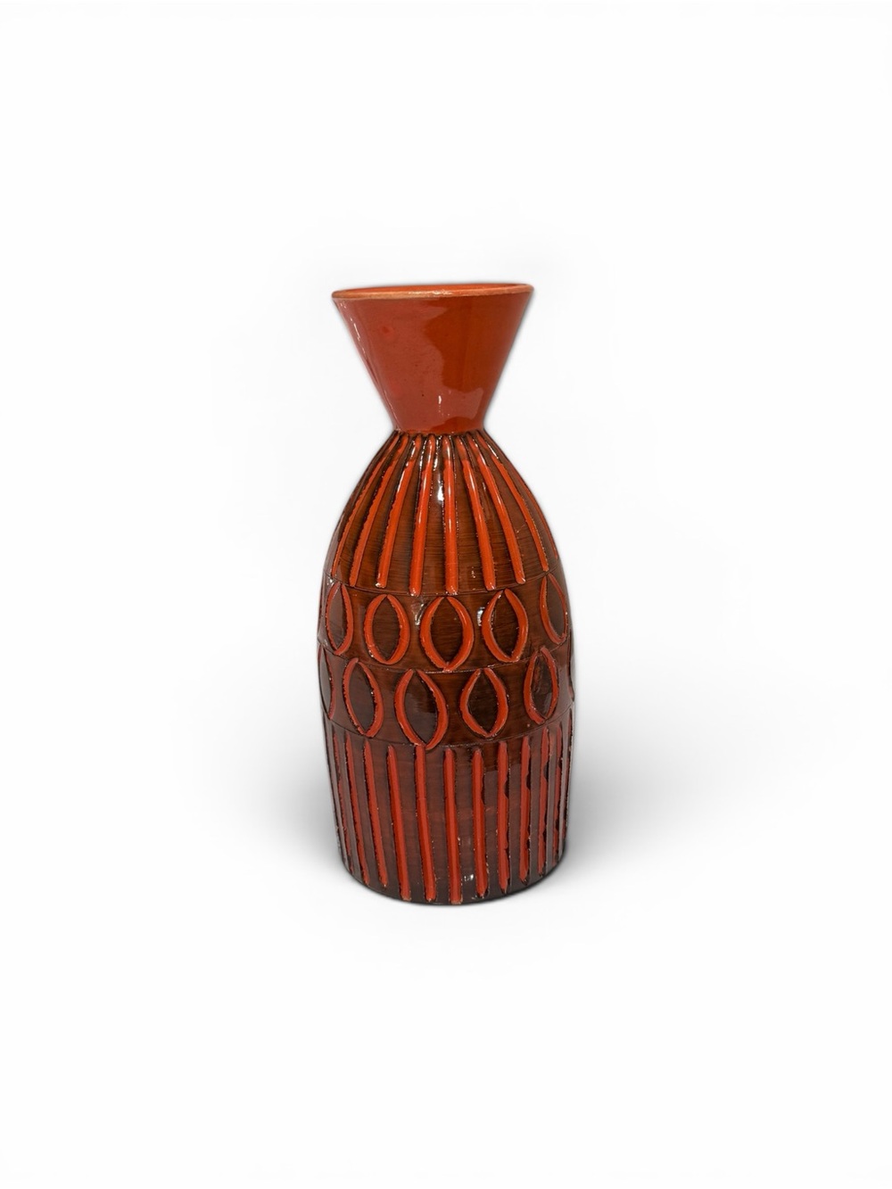 Mid‑Century Modern Italian Textured Ceramic Vase – Deep Orange & Black Glaze - Picture 6 of 13